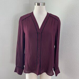Vince Womens Small Burgundy 100% Silk Button Up Blouse Long Sleeve Shirt Top
